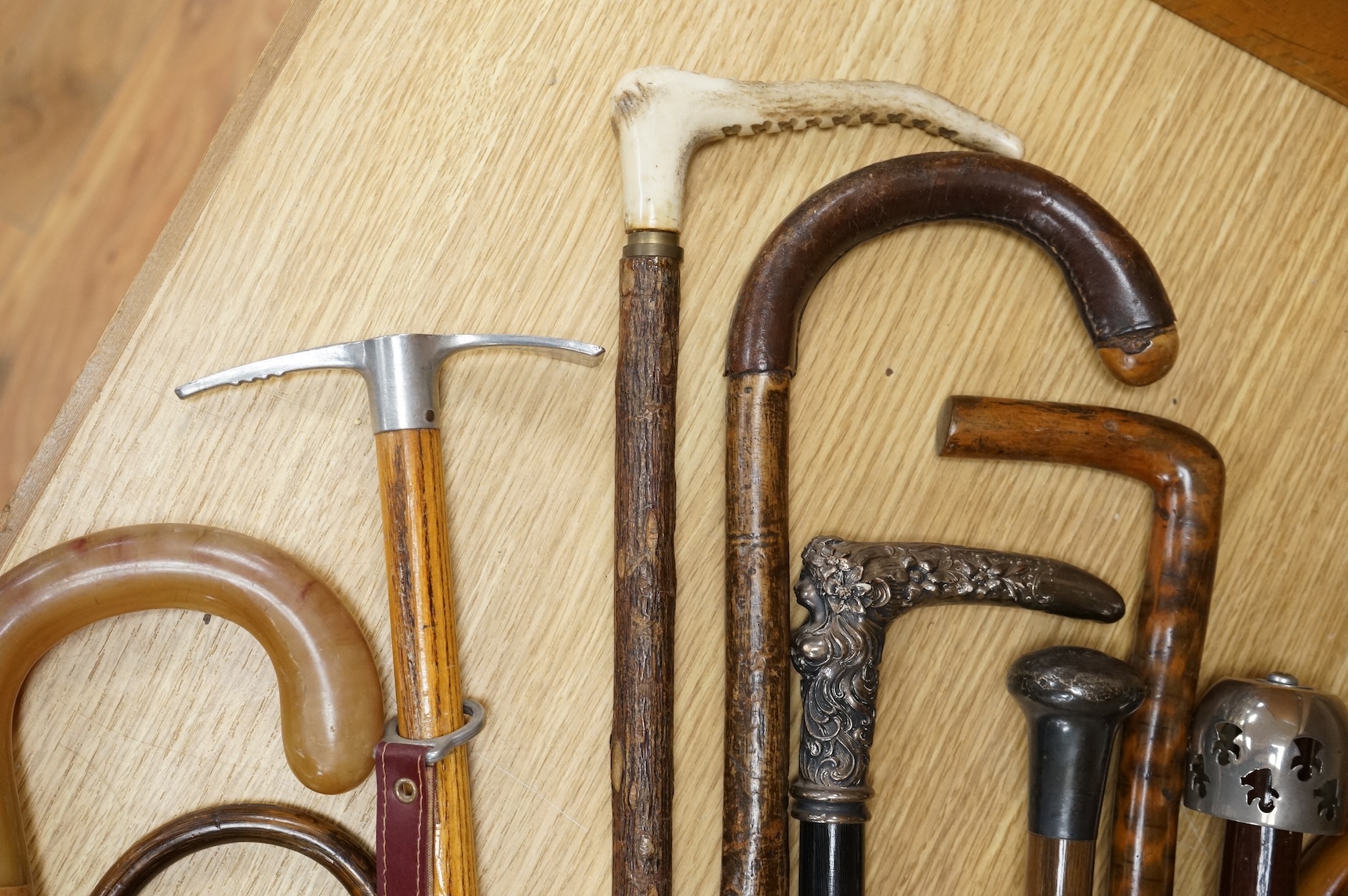 A collection of various walking sticks, one silver mounted